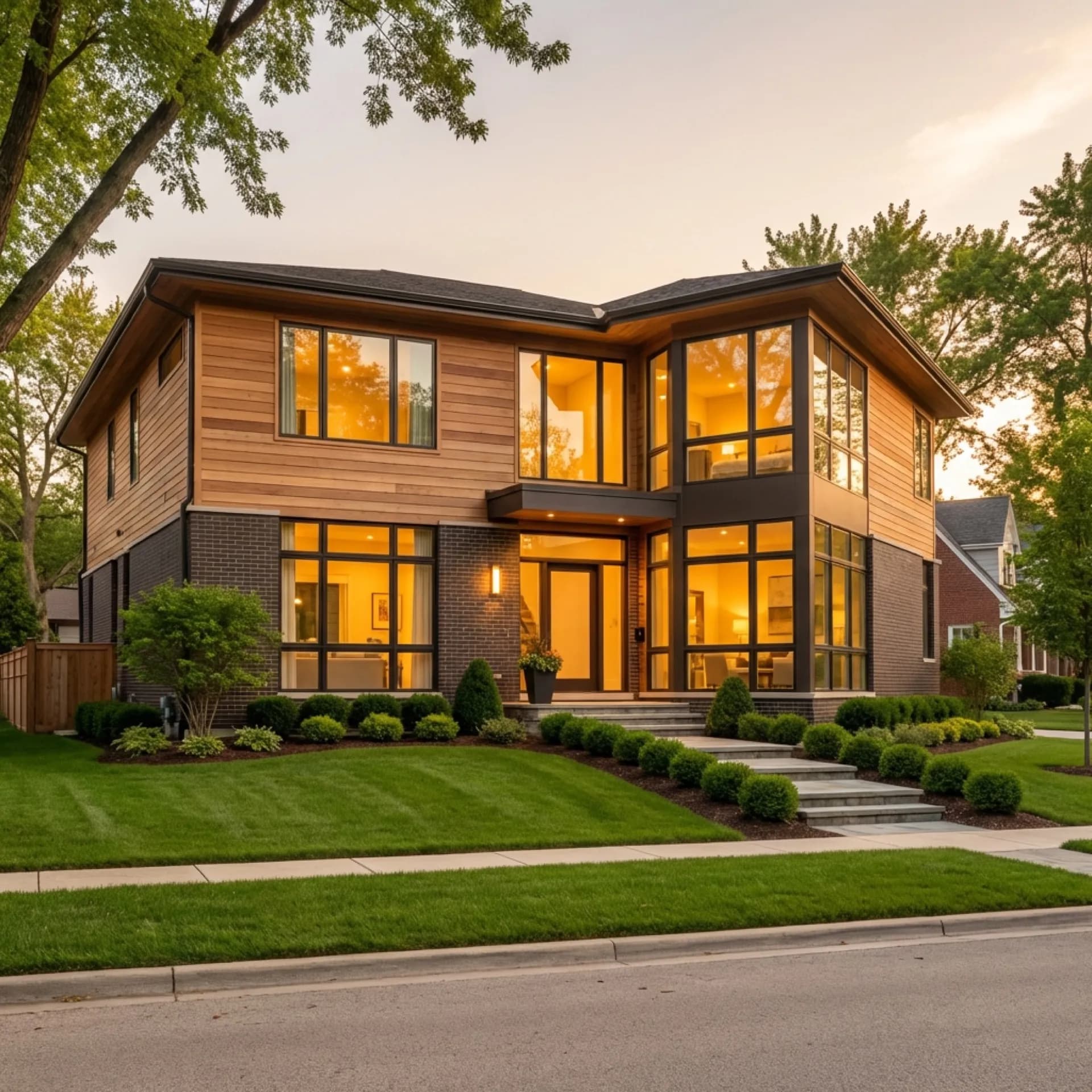 Modern home exterior at dusk